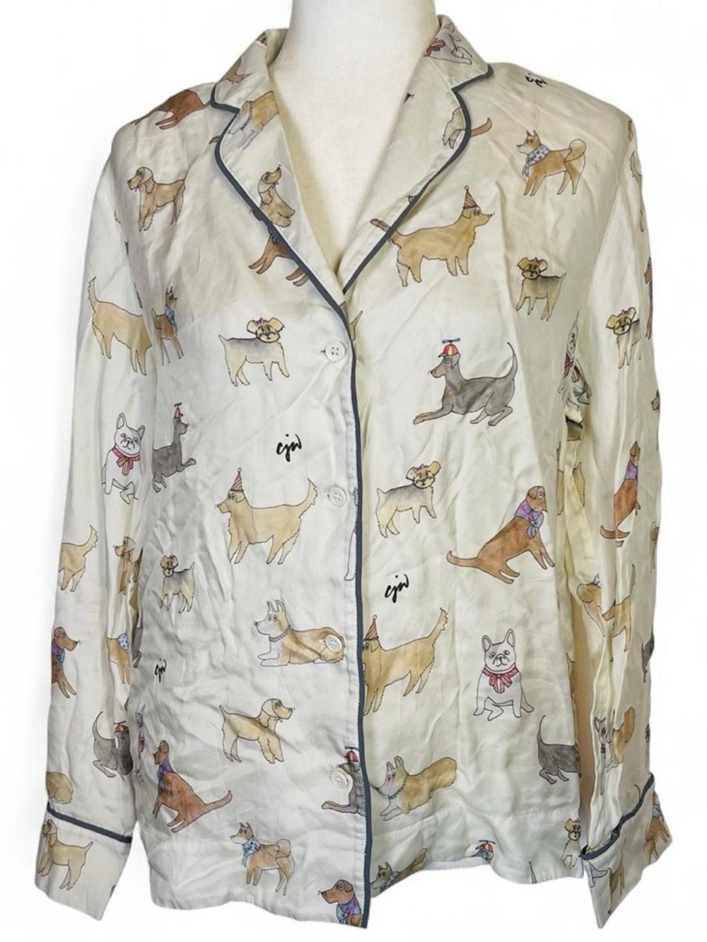 cjw Size Large L Long Sleeve Button Down Dog Print Pajama Top Silk Viscose Blend